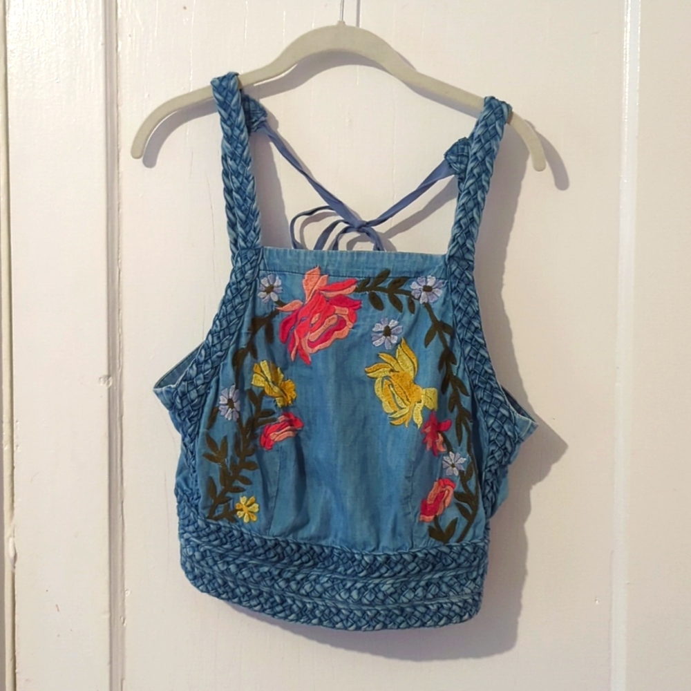 Denim Crop Top, Spring Floral Embroidered, Pilcro Women's Large, cottagecore